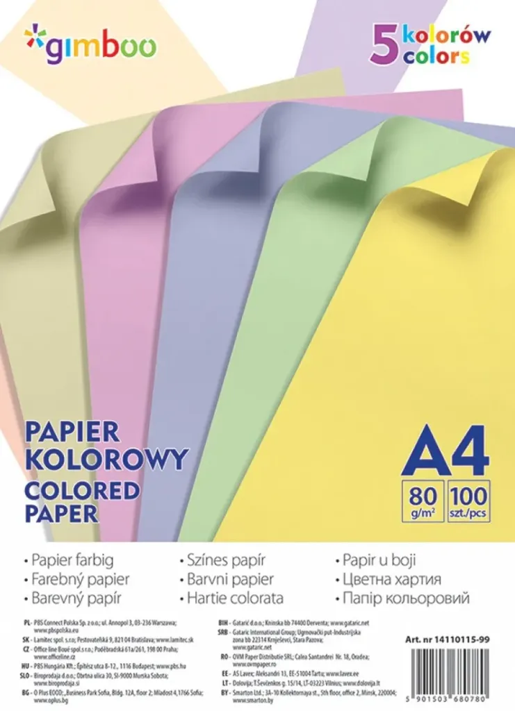 Gekleurd papier - A4 80 gr - 5x20 vel pastel