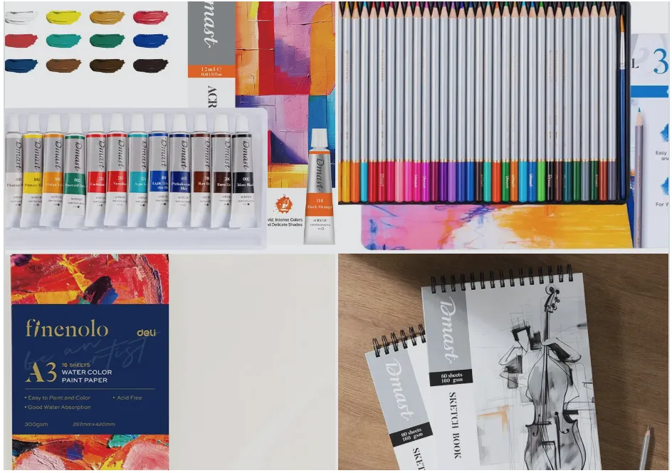 Aquarel "starters set" -  A4 Schetsblok 60 vel - A3 papier 16 vel - 36 kleurpotloden - 12 tubes verf assorti (Dmast, A4, 160 grams)