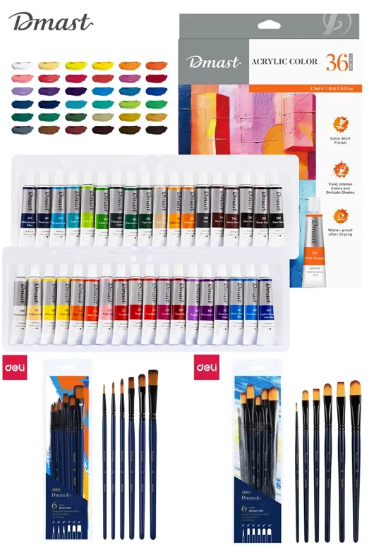 Set acrylverf & penselen - 2 sets à 6 st penselen - 36 tubes à 12 ml acrylverf